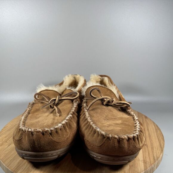 S LL Bean Wicked Good Men Sz 12 M Brown Moccasins Sheepskin Suede Shearling - Picture 2 of 7